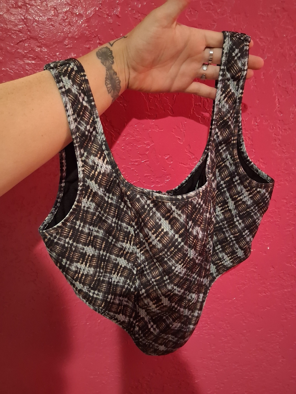 Fashion Nova Black Plaid Scoop Bodysuit with White & Brown Accents